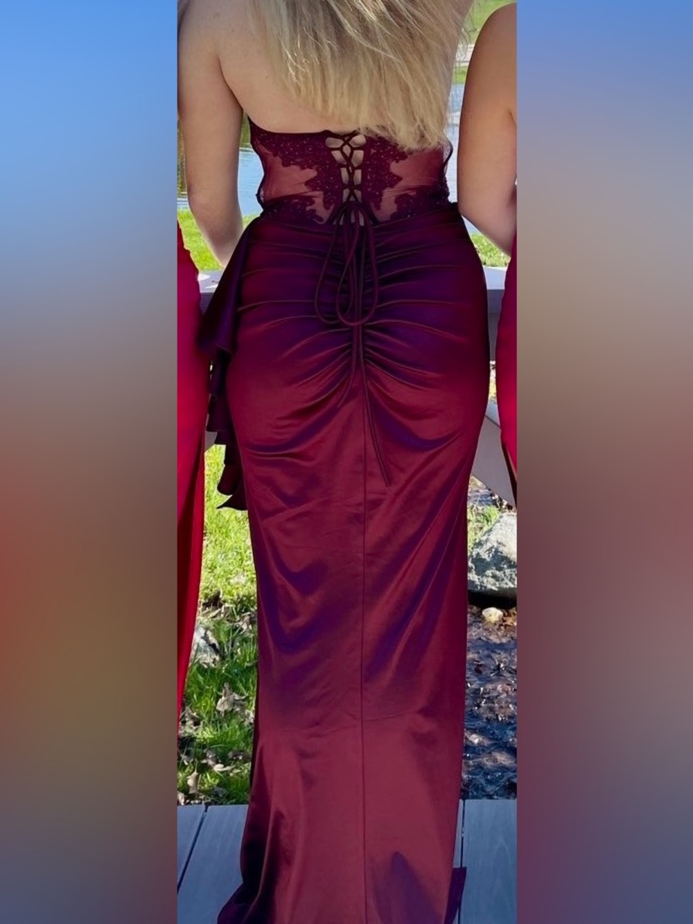 Women's Strapless Lace-Back Ruched Burgundy Dress